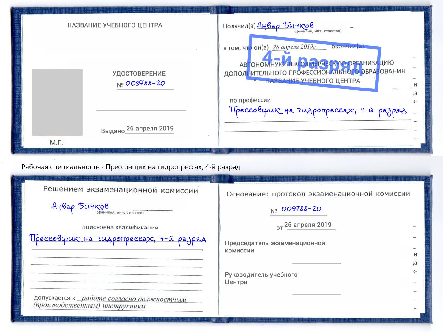 корочка 4-й разряд Прессовщик на гидропрессах Рассказово