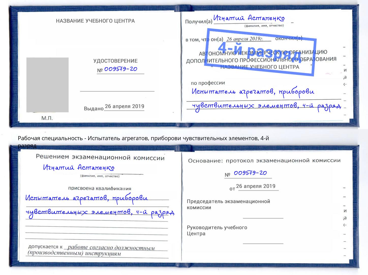 корочка 4-й разряд Испытатель агрегатов, приборови чувствительных элементов Рассказово