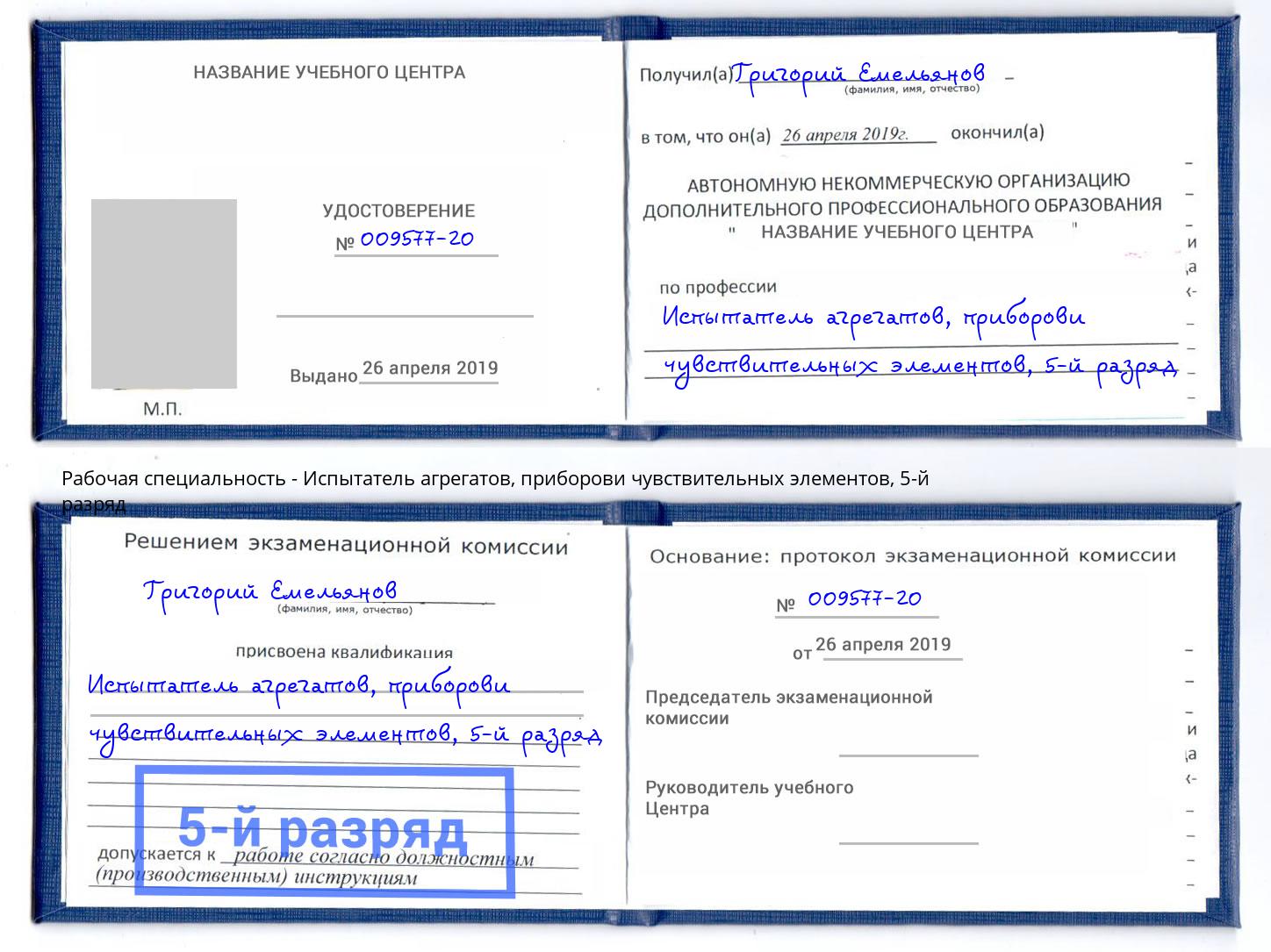 корочка 5-й разряд Испытатель агрегатов, приборови чувствительных элементов Рассказово