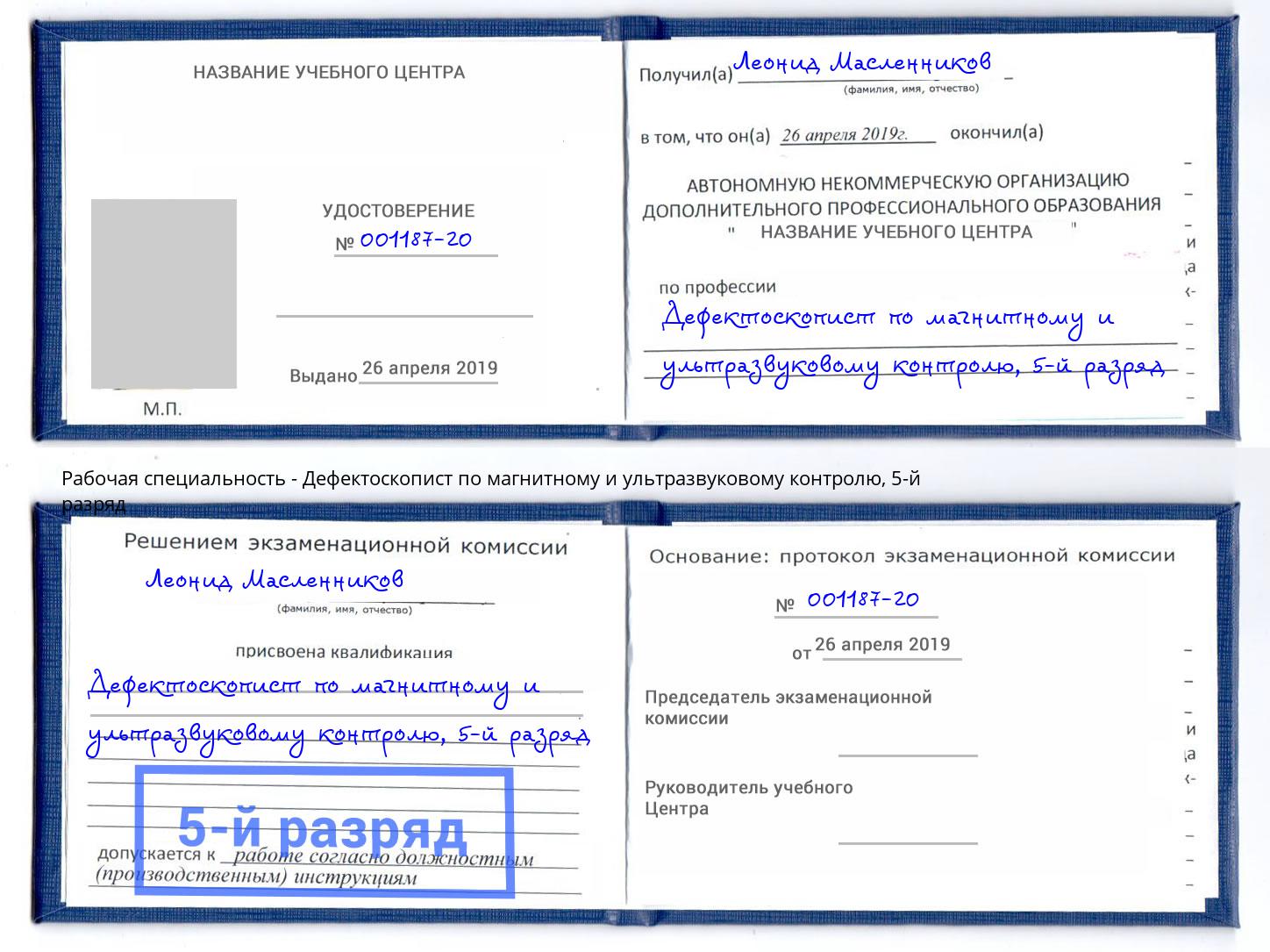 корочка 5-й разряд Дефектоскопист по магнитному и ультразвуковому контролю Рассказово