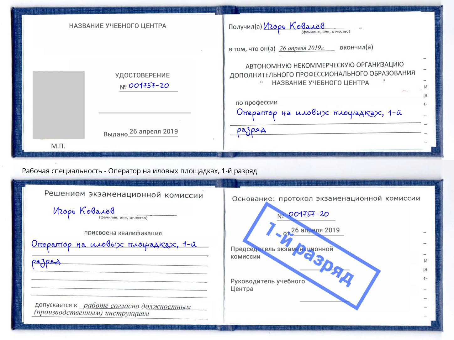 корочка 1-й разряд Оператор на иловых площадках Рассказово