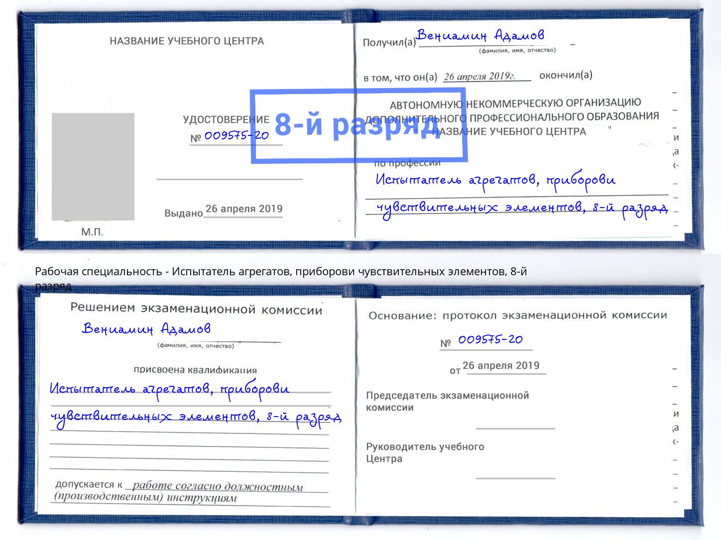 корочка 8-й разряд Испытатель агрегатов, приборови чувствительных элементов Рассказово